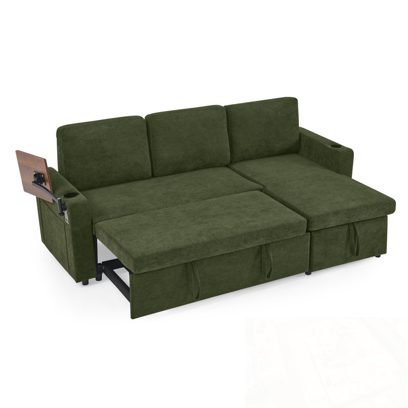 Sectional Sofa with Retractable Table, LED Lighting, USB Charging Ports and Cup Holders, Green