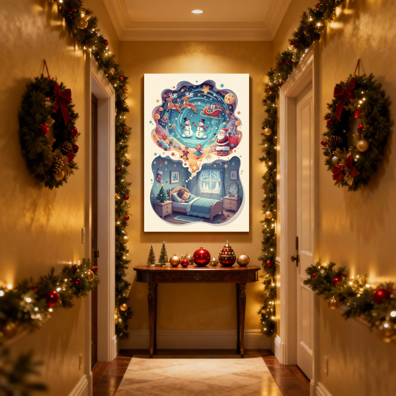 Ensemble de 3 reproductions d'art sur toile de Noël, chambre de rêve avec père Noël et renne, 18" H x 12" W