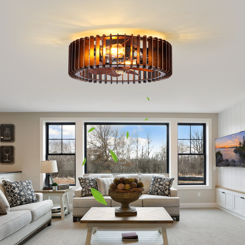 20'' Flush Mount Caged Ceiling Fan With Light, Wooden Low Profile Ceiling Fan With Light And Remote, 6 Speed And Reversible, Farmhouse Bladeless Fan Lights For Bedroom, Kitchen