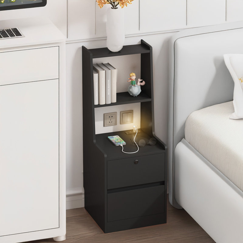 Modern Night Stand with Bookshelf, Black