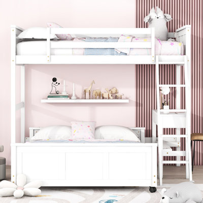 Gray Twin Over Full Bunk Bed With Work Desk - Solid Wood & Framework For Productivity Desk, Elegance Bedroom Luxury