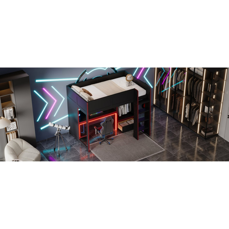 Lit mezzanine simple en bois avec bureau intégré, garde-robe, lampe à DEL et tiroir - multifonctionnel pour les adolescents