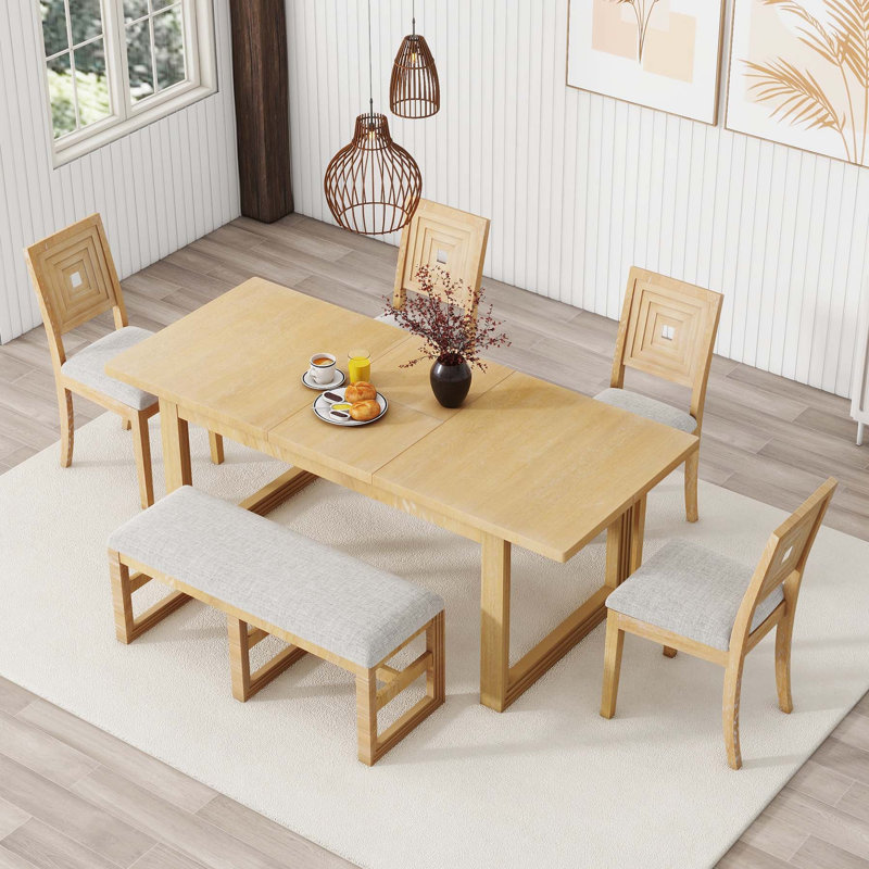 Modern 78inch 6-Piece Extendable Dining Table Set, Natural, Beige/Natural, Beige/Natural