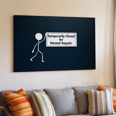 Canvas A Minimalistic Black Background Featuring A Simple Stylized White Stick Wall Art Figure Holding A Rectangular Sign The Sign Canvas Wall Art