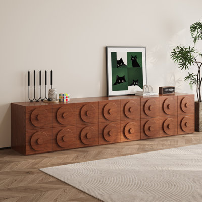 91.32" Large Mid-Century Modern TV Stand, 8 Drawer Wooden Entertainment Center, Walnut Finish Media Console for Living Room