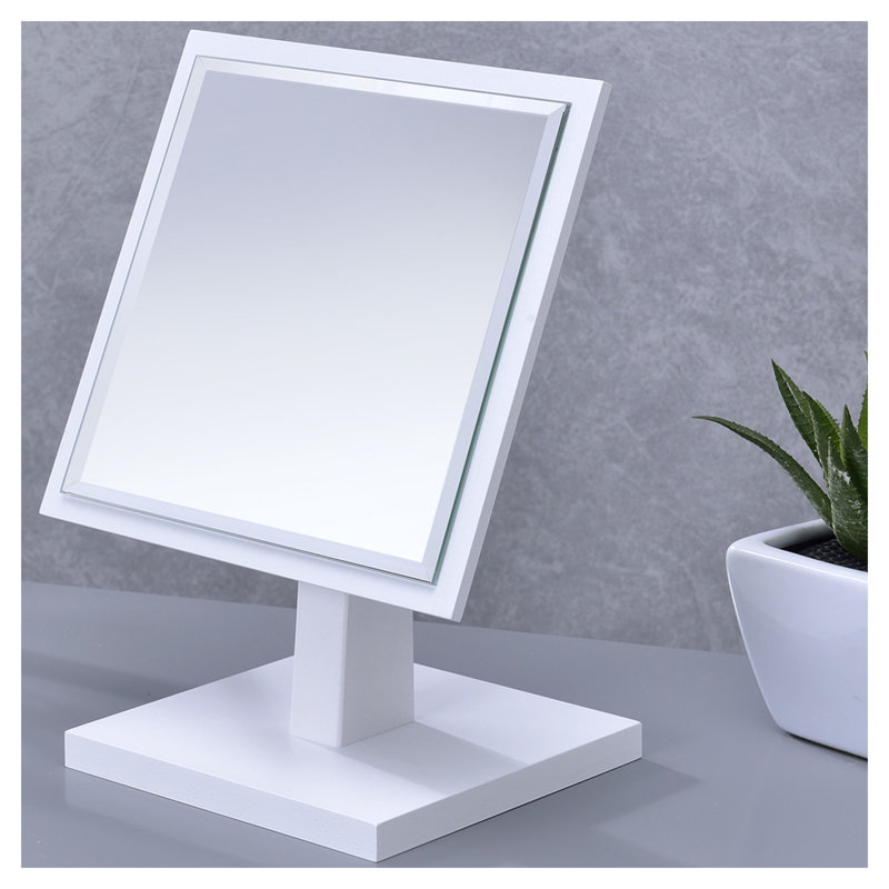 Miroir de salle de bain blanc à piédestal avec base en polyrésine et bois, grand miroir de maquillage rond de 9,5 pouces pour comptoir de salle de bain
