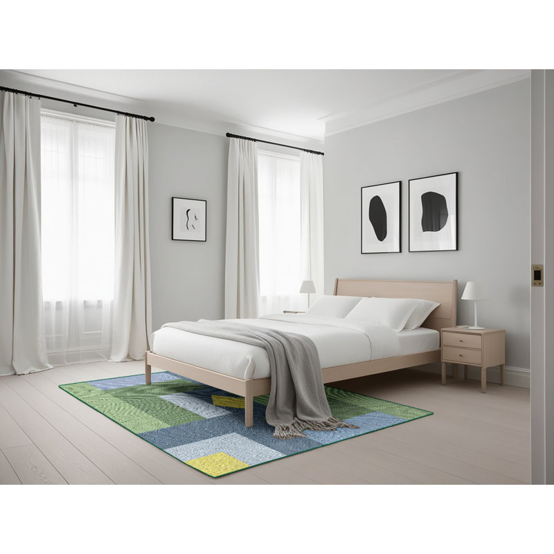 Tapis géométrique vert / bleu / gris, Rectangle 5 pi x 7 pi