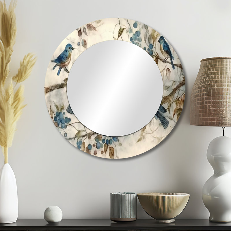 Quatre oiseaux bleus rétro sur une branche IV - décor de miroir mural unique oiseau, 23 po x 23 po