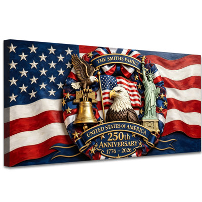 Personalized 250th Anniversary USA Canvas Wall Art, Large Patriotic American Flag Eagle Liberty Bell Statue Pictures for Living Room Office, Custom Vintage Painting Decor Gifts 16×32 Inch