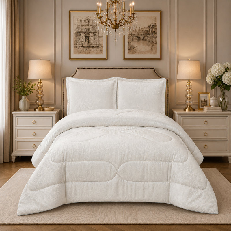 Jacquard Floral Bedspread, King Bedspread + 2 Standard Shams, Off-White