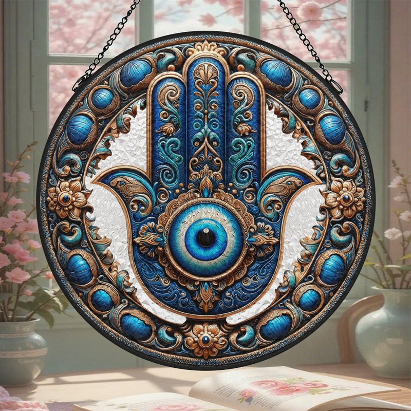 Panneau de verre Hamsa Evil Eye Suncatcher pour décoration de fenêtre, 3,5 x 3,5 po (9 x 9 cm)