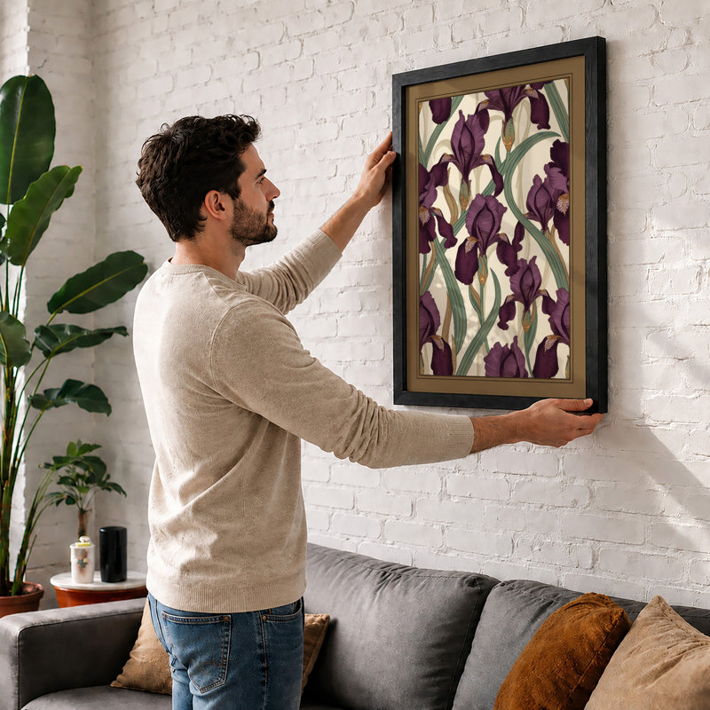 Iris Garden Pattern Botanical - Print, A2 - 59.4 x 42.0 cm, Black