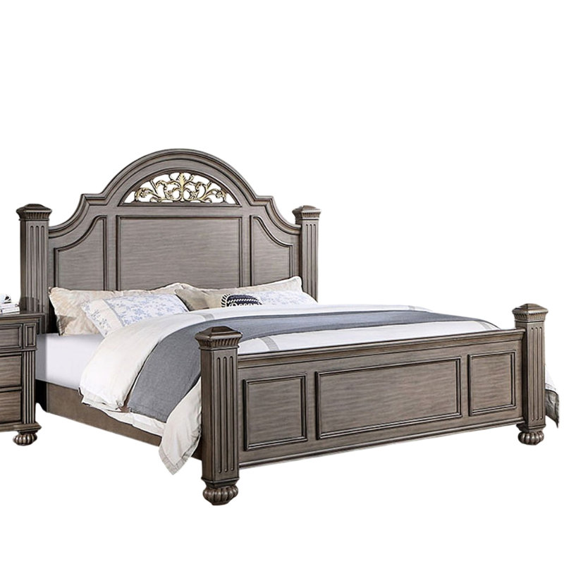 Élégant très grand lit, gris avec tête de lit florale ravissante, poteaux de lit cannelés, structure en bois, panneau contemporain requis
