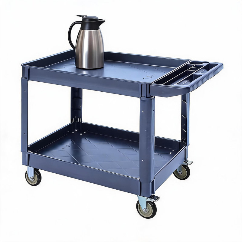 Chariot utilitaire robuste à 2 tablettes - capacité de 500 lb - 45 po x 25 po - Poignée de rangement - Roulettes pivotantes à 360 ° - Chariot de service roulant pour entrepôt, garage, nettoyage, fabrication - Gris