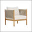 Fauteuil club d'extérieur avec structure en bois d'acacia d'aspect teck, panneaux de corde beige et coussins crème