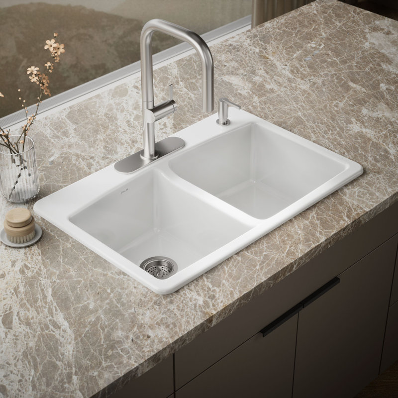 33" L x 22" W x 9-5/8" Top-Mount Double-Equal Kitchen Sink, White, 4 Hole