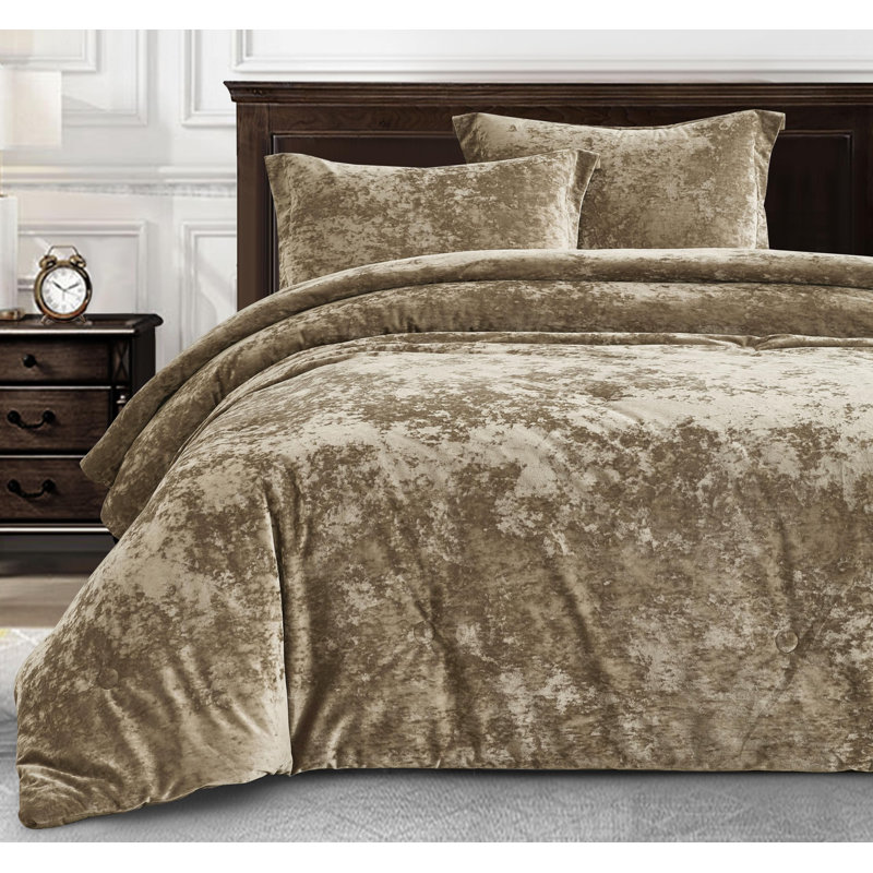 Tan Velvet Queen Reversible Comforter Set with Shams