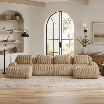 146" Modern U-Shaped Modular Sectional Sofa For Living Room,Flannelette Fabric,Oversized 4-Seater Couch,Boneless Sofa ,Movable Ottoman,Buckle Connection,Anti-Slip Design,No Assembly