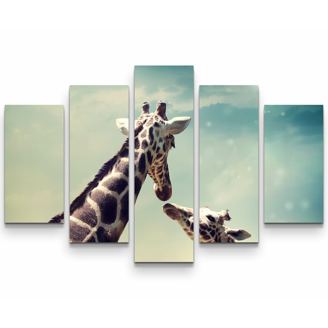 5-tlg. Leinwandbilder-Set Giraffe mit Kind