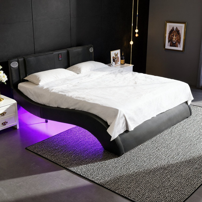 VARELON Modern Queen Platform Bed Frame with LED Headboard Lights, Bluetooth Speakers, Built-In Massage & USB Charging Ports