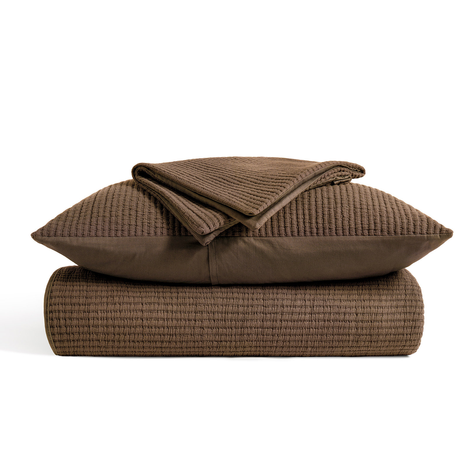 Ribbed Cotton Coverlet Set, King Quilt + 2 King Shams, Dark Brown
