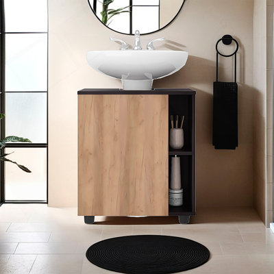 Rangement sous l'évier: H 24,4 po, 1 porte, 4 tablettes, 4 pieds, chêne naturel / wengé noir - Salle de bain
