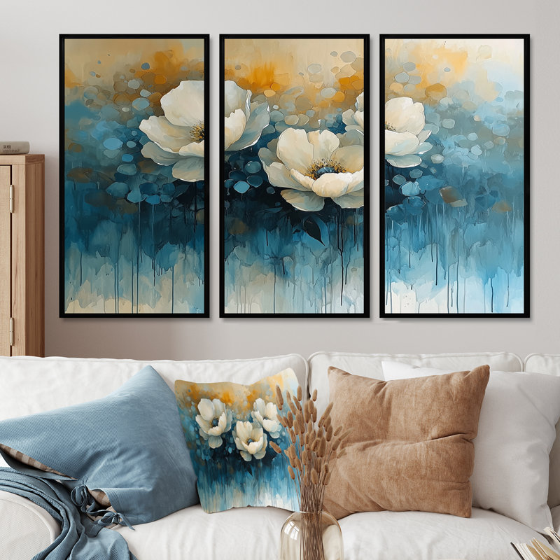Blanc blanc bleu pivoines - art mural pivoines - ensemble de 3, H 28 po x l 36 po, Noir