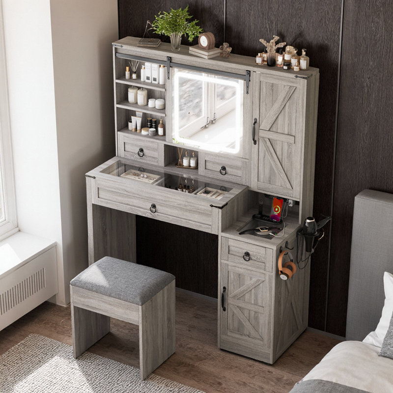 42" Farmhouse Vanity – Sliding LED Mirror, Glass-Top Display, 4 Drawers + 2 Cabinets, Built-In Charging Station, Side Hooks & Cup Holder