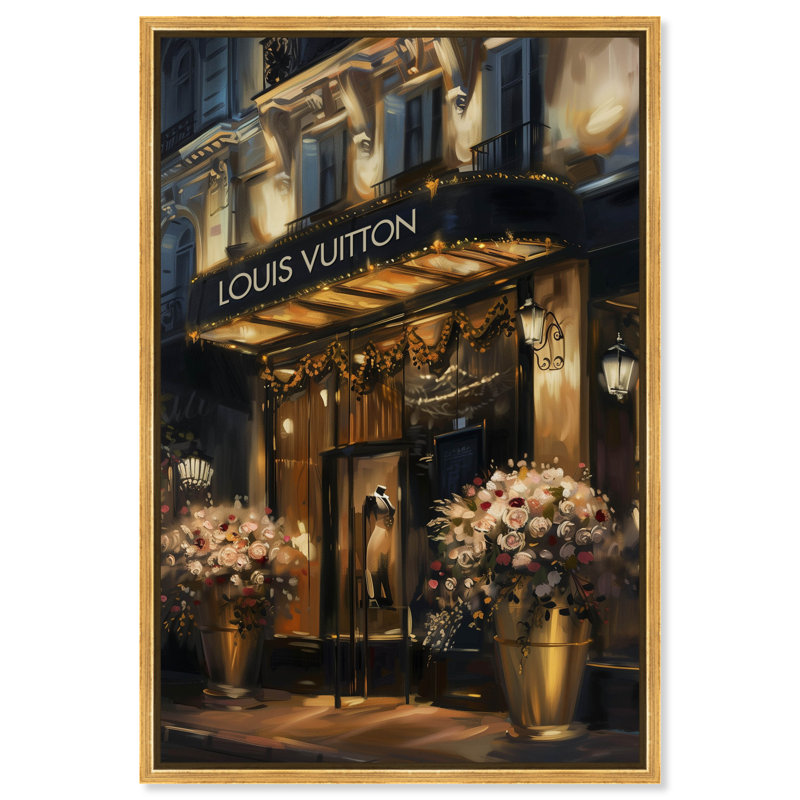 «Elegant Night Storefront» par Art Remedy, H 37 po x l 25 po, Reproduction encadrée sans passe-partout, Doré