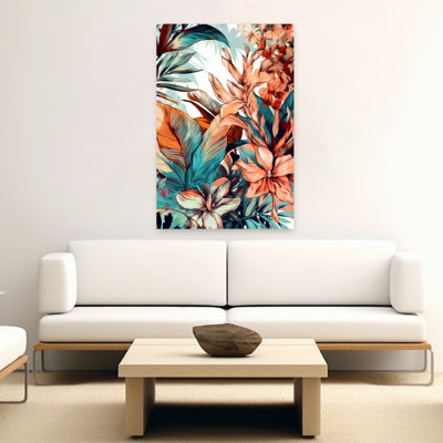 Impression sur toile orange, bleu sarcelle, fleurs tropicales, fleurs abstraites