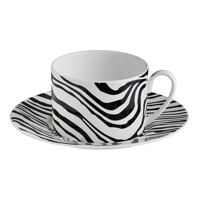 Tea Cup & Saucer ZEBRAGE Set of 2 in Luxury Box 3.3in, H 2.3in, cap. 7.5 oz, Saucer diam. 6in
