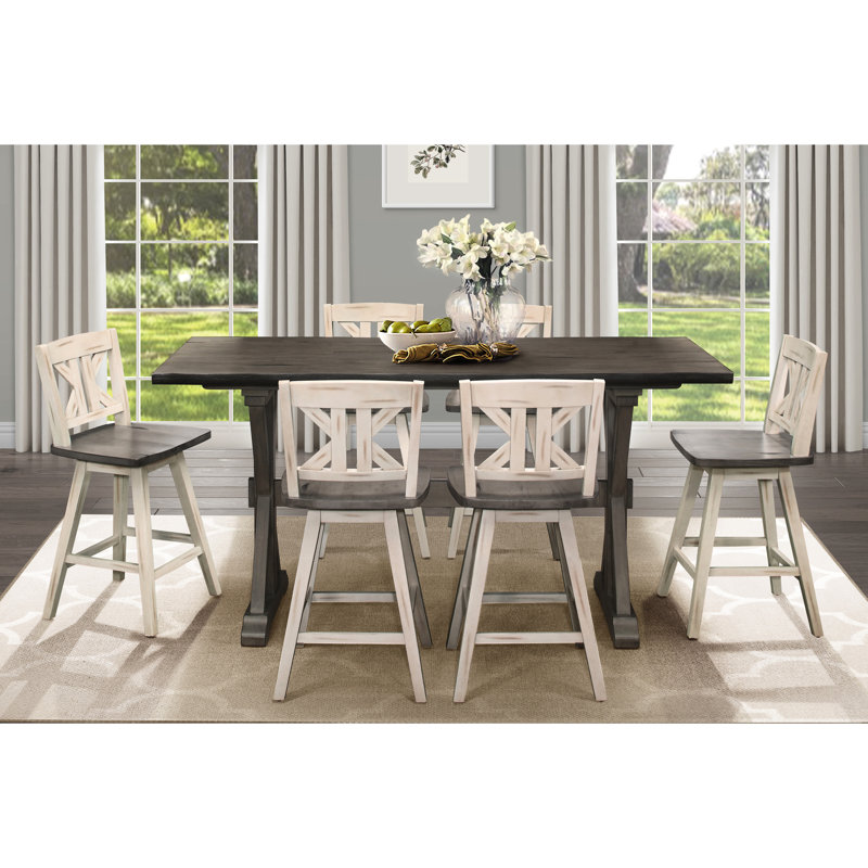 Solid Wood Counter Height Table In Distressed Grey, Rectangular, Seats 6 Grey For Dining Room, Rubberwood, 6