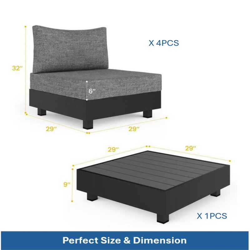Ensemble modulaire de patio 5 pièces en aluminium gris avec chaises modulaires et table basse
