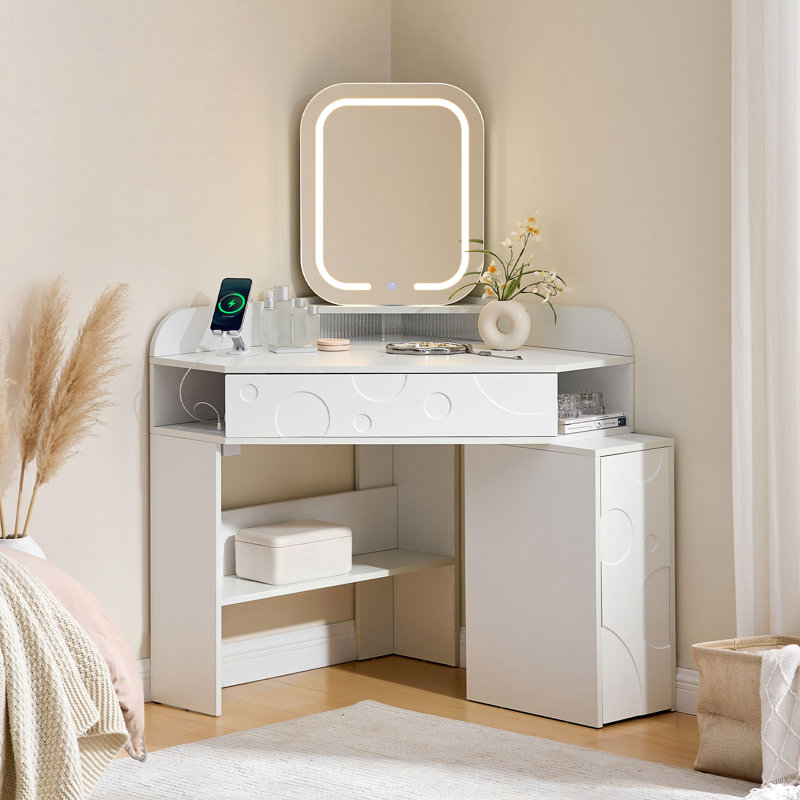 Corner Dressing Table with Charging Station and LED Mirror, Cheese Pattern Makeup Vanity Desk