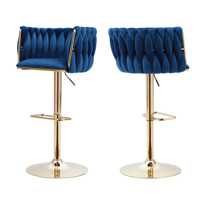 Luxury Velvet Bar Stools with Gold Metal Base, Adjustable Height Swivel Bar Chairs with Armrests for Kitchen Island, Bar, Modern Home Decor(Blue)