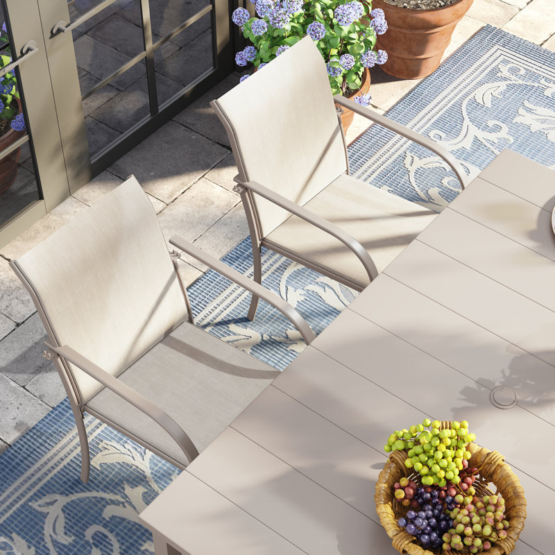 6-Person Rectangular Patio Dining Set With Stackable Textilene Chairs, Sandshell