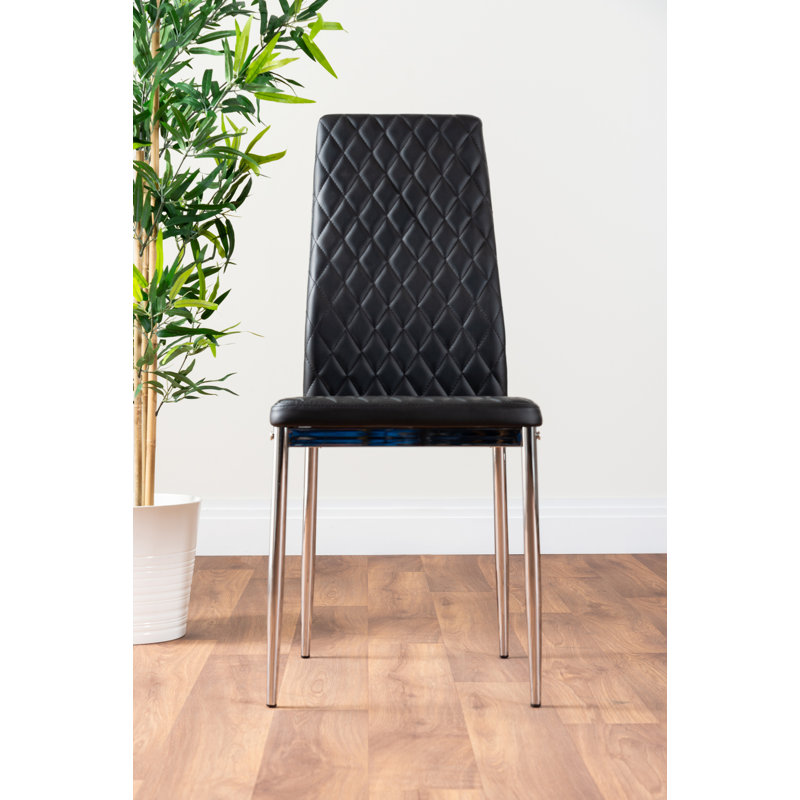 Eubanks Faux Leather Modern Tall Back Dining Chairs with Metal Legs & Diamond Stitching, Black, Silver, 4