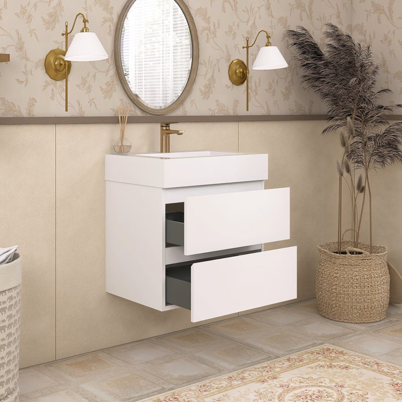 Meuble-lavabo simple 24 po avec plateau Kansiray, Blanc, Blanc