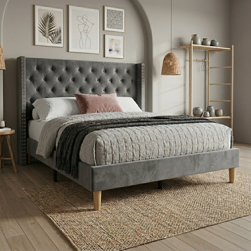 House of Hampton Modern Velvet Upholstered Platform Bed with Wingback Tufted Headboard, Gray, Queen