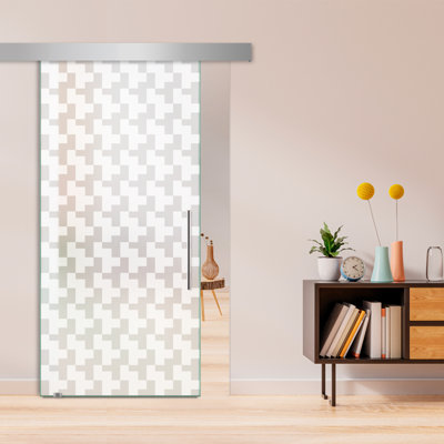 Frameless Glass Sliding Barn Door with Sandblasted Modern Design + Hardware Kit (Full-Private)