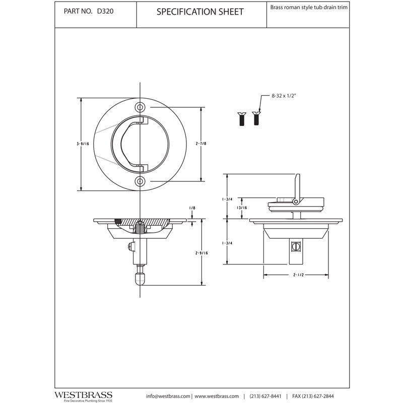 Drain de baignoire romaine à levier 3,5 po, Nickel poli