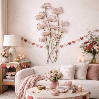 Décoration murale florale rose en métal avec tiges de cuivre, 19 po x 2 po x 38 po