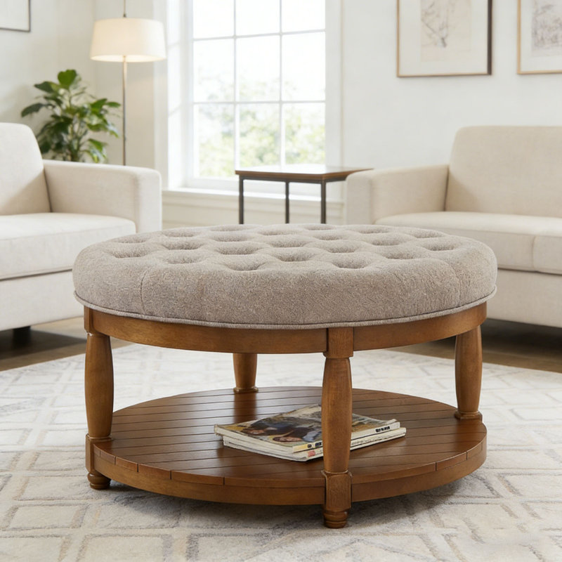 Upholstered Tufted Linen Ottoman Coffee Table, Round, Linen