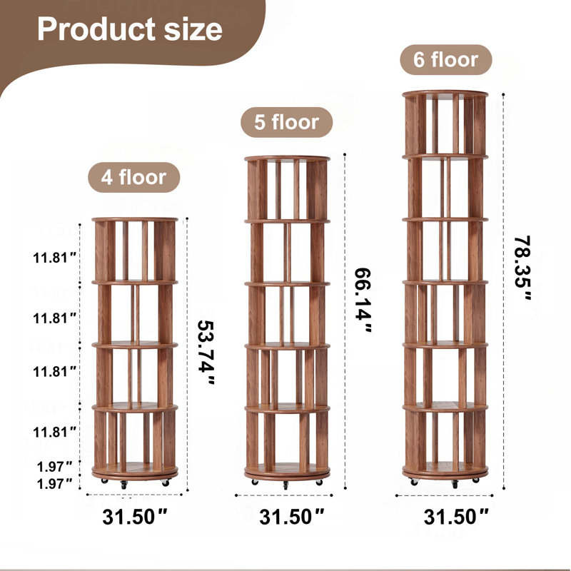 100% Solid Wood Rotating Bookshelf On Wheels,Round Revolving Bookcase, 360° Spinning Book Shelf Tower