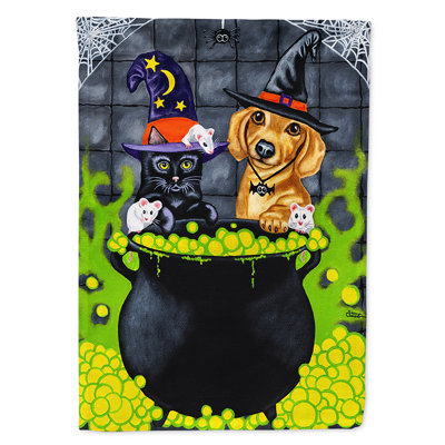 Drapeau de jardin à deux côtés Yeznig Brewing up Trouble Halloween Dachshund