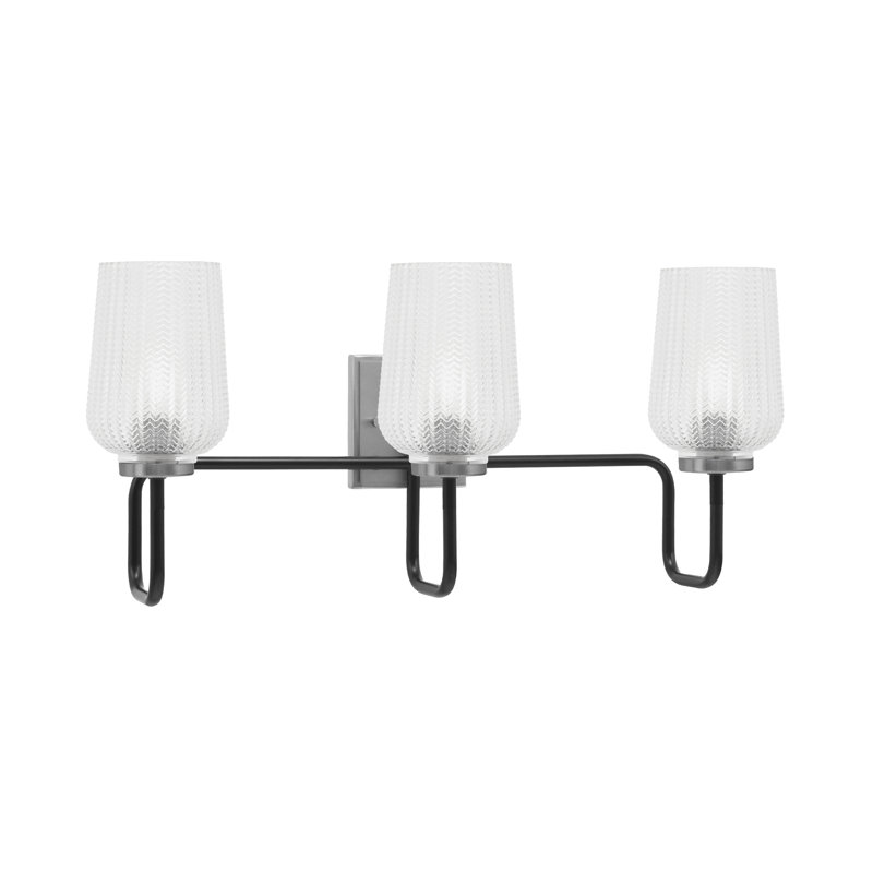 Barre d'éclairage de salle de bain 3 lumières Amarmula, noir mat et finition graphite, verre texturé transparent de 5 po