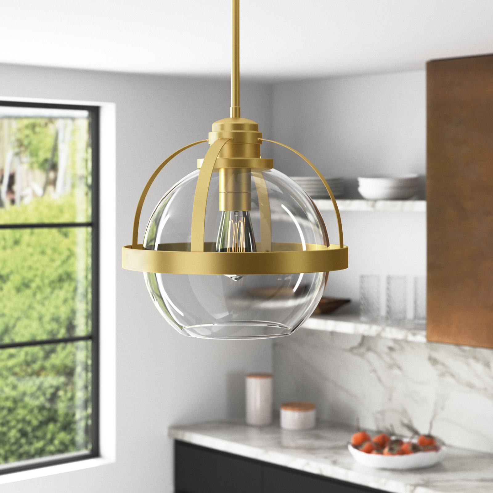 Single Light Glass Dimmable Pendant, Warm Brass