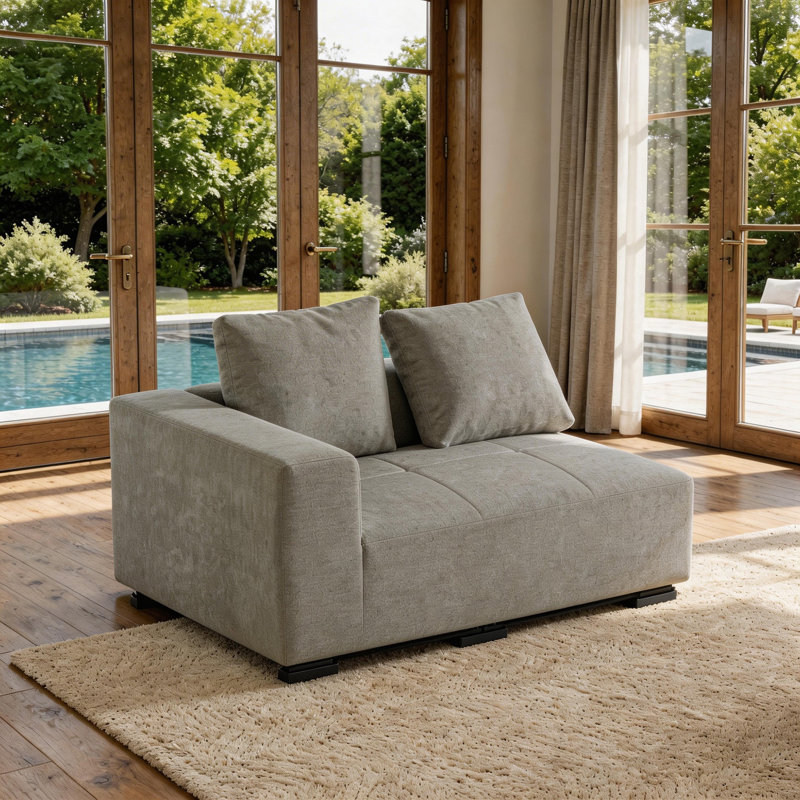 Causeuse modulaire incurvée 2 places avec accoudoir gauche et 2 coussins, rembourré entièrement en mousse, sans assemblage requis