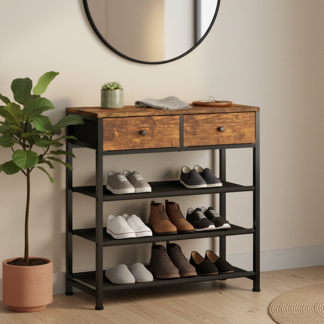 17 Stories Retro Brown 4-Tier Metal Shoe Rack With 2 Drawers & 3 Oxford ...