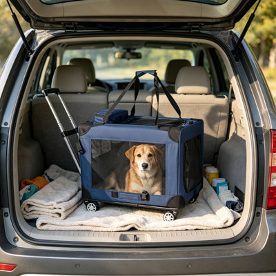 Caisse pour chien souple 28 po bleu foncé avec roulettes, chenil pliable pour animaux de compagnie jusqu'à 40 lb, pour l'intérieur et l'extérieur